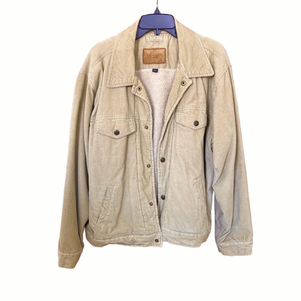 Sonoma Fleece Lined Tan Corduroy Jacket Size L Cabincore Rugged Workwear